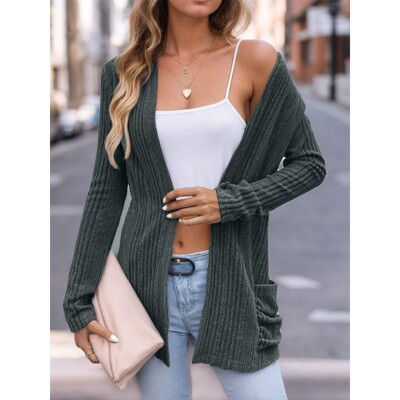 V 87471 Solid Color Pocket Long Sleeve Knit Cardigan 纯色开