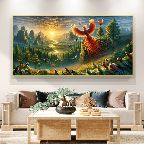 百鸟朝凤新中式客厅装饰画凤凰图沙发背景墙挂画茶室花鸟吉祥壁画