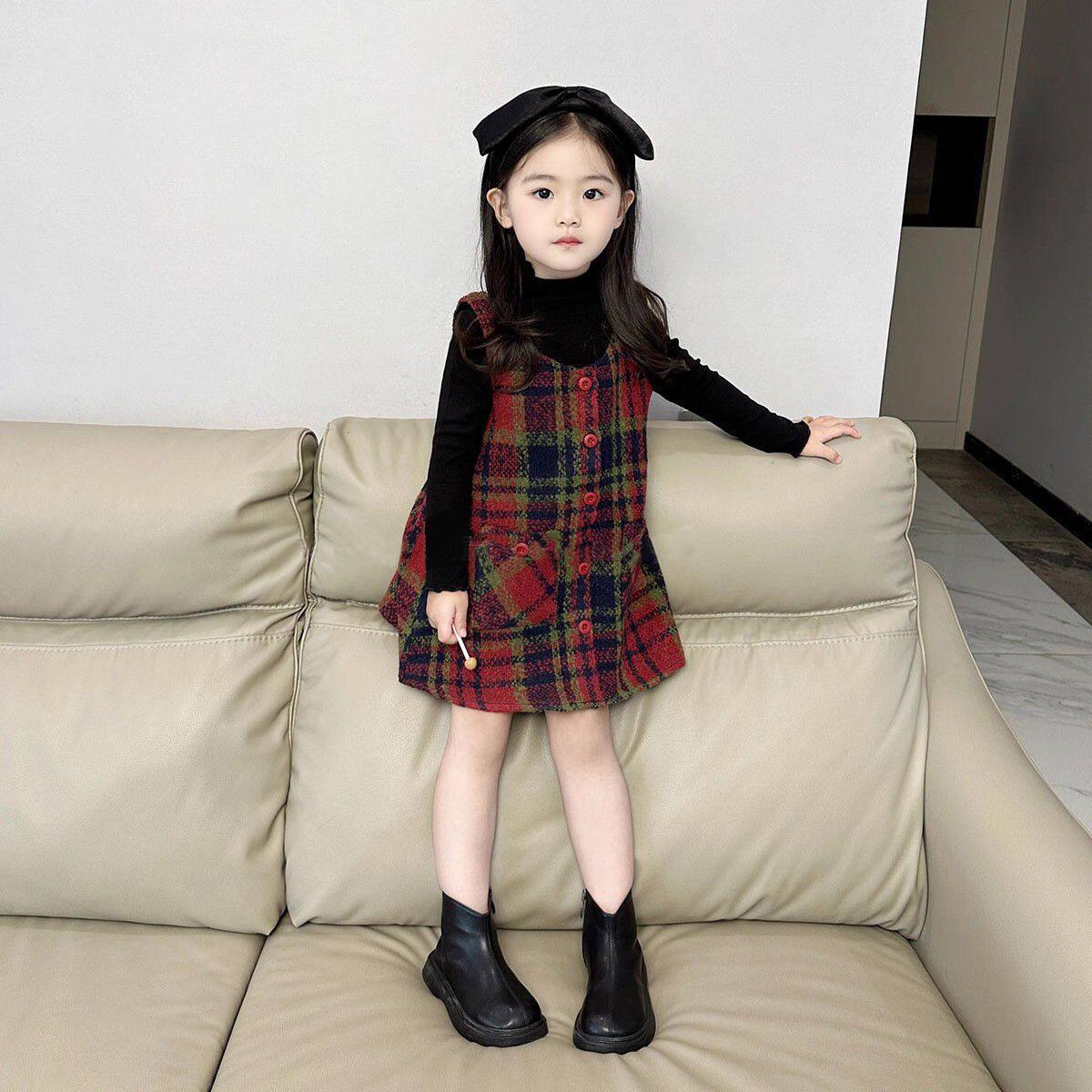 女童秋季套装2025新款中小童格子毛呢裙两件套洋气冬裙呢子背心裙