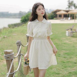 夏季2023年新款法式气质优雅雪纺短袖小个子短款连衣裙女小众裙子