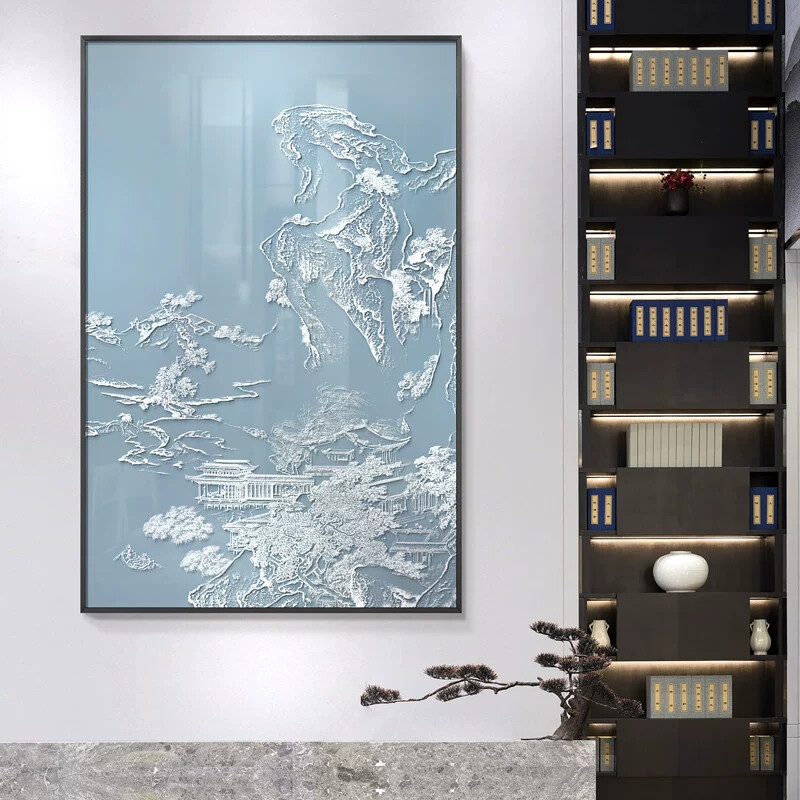 新中式入户玄关茶室立体浮雕装饰画卧室书房背景墙竖版艺术挂画
