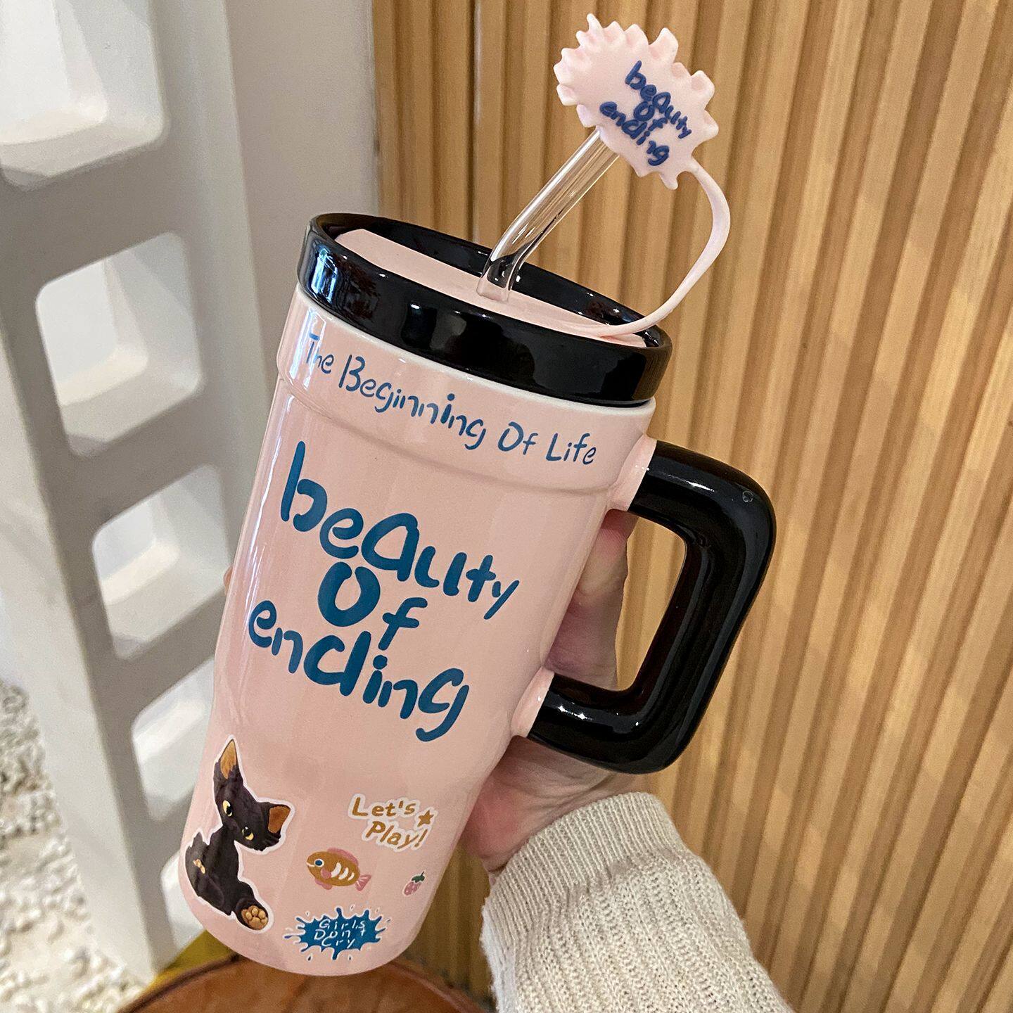 女生水杯高颜值大容量马克杯陶瓷杯子带盖家用吸管杯实用生日礼物