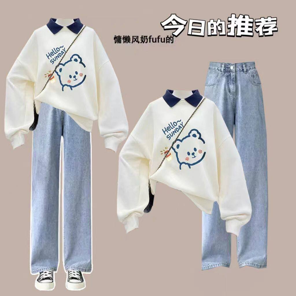 春秋款时尚套装女学生韩版宽松polo领卫衣+牛仔裤学院风两件套潮