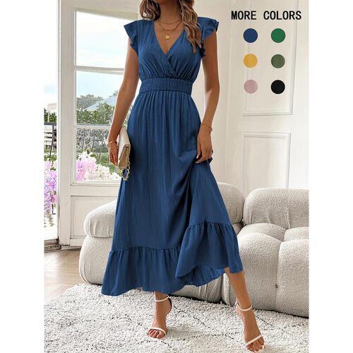 Womens Plain Shirred V Neck Dress Elegant Fashion Casual