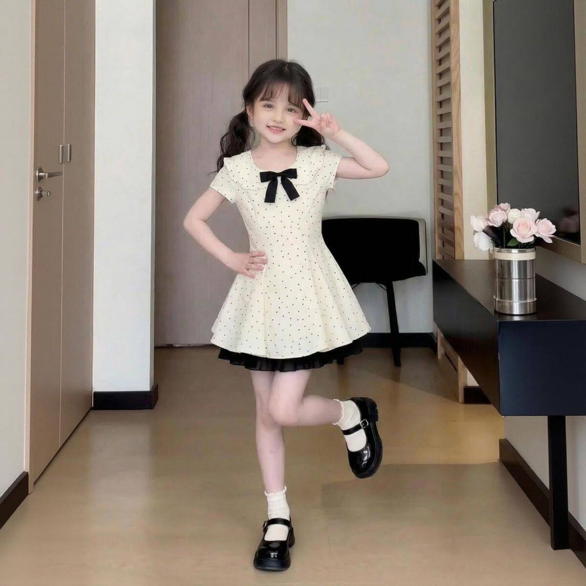 女童2026蝴蝶结短袖波点连衣裙时尚夏季新款收腰别致绝美a字短裙