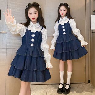 女童背带裙套装春秋2025新款儿童蛋糕裙子牛仔裙女大童秋装连衣裙
