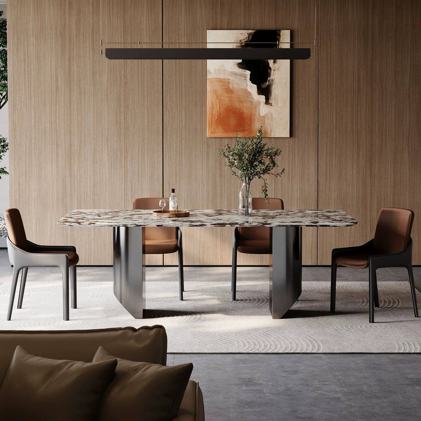 意式白色系雪山兰天然奢石餐桌现代简约高端奢石家用长方形餐桌椅