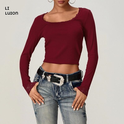 Women Lace Trim Short TShirts UNeck Long Sleeve Shirts