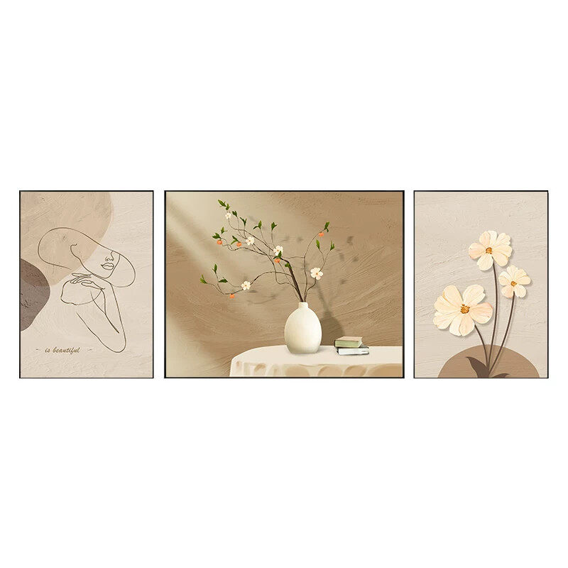 原木风客厅装饰画现代简约沙发背景墙挂画抽象肌理光影花卉三联画