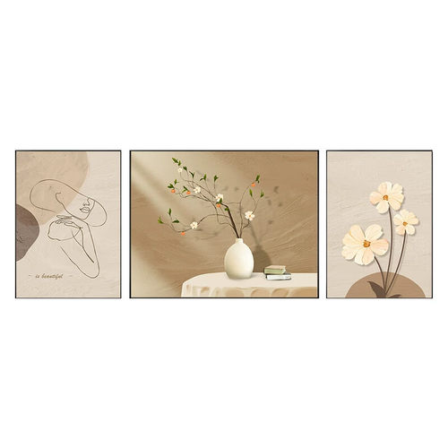 原木风客厅装饰画现代简约沙发背景墙挂画抽象肌理光影花卉三联画