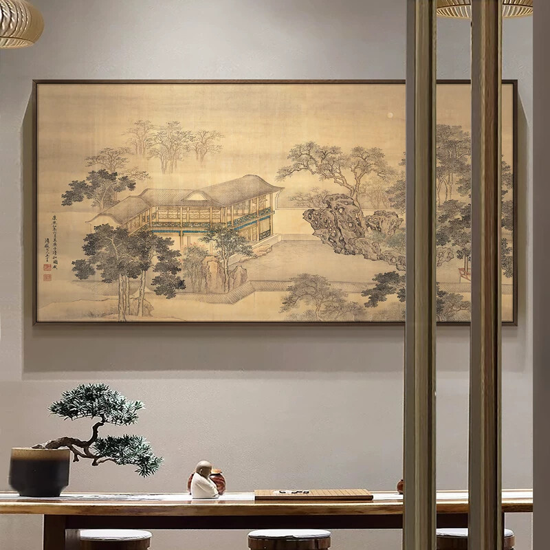 宋代美学四季山水图客厅背景墙挂画新中式饭店餐厅装饰画软装壁画