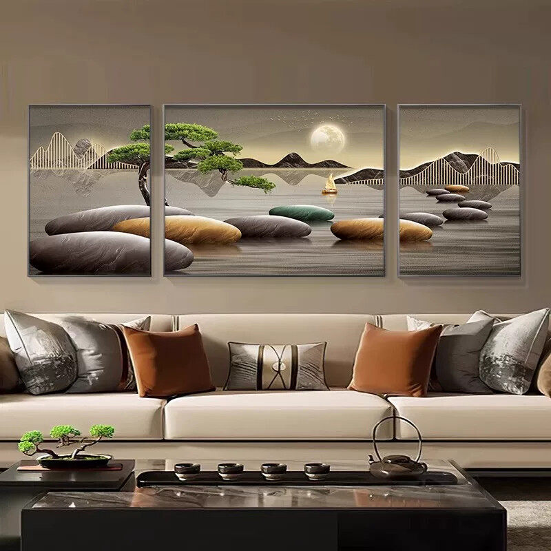 时来运转客厅装饰画沙发背景墙挂画轻奢山水画三联画大白墙壁画
