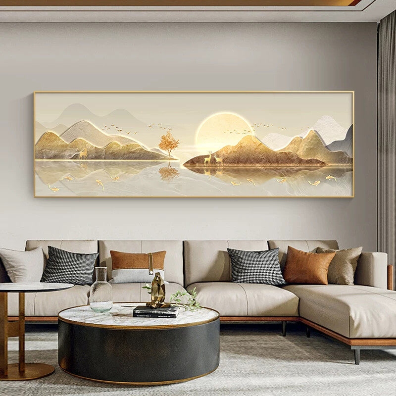 旭日东升山水画客厅装饰画一整幅日出靠山壁画横版沙发背景墙挂画