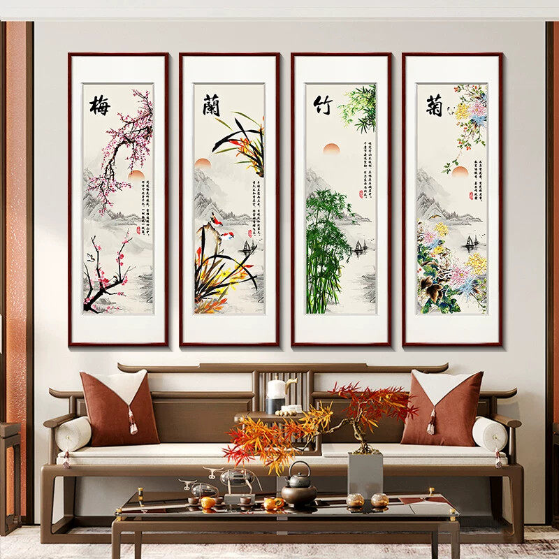 现代新中式花鸟图挂画客厅沙发背景墙装饰画中国风玄关壁画四条屏