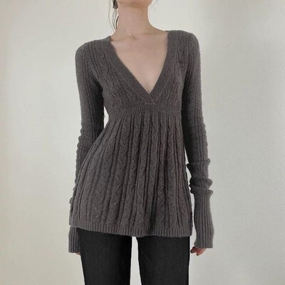 Women Simple Retro Deep V Sexy High Waist Brown Fried Dough