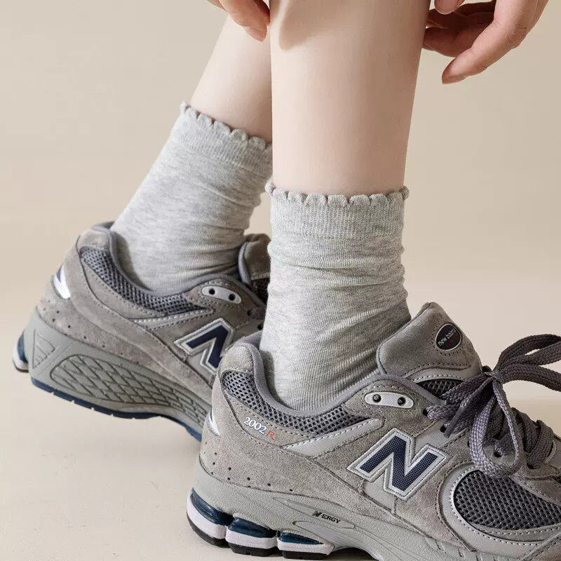 花边袜子女中筒袜纯棉春夏薄款无骨袜堆堆袜灰色德训鞋长筒袜夏天