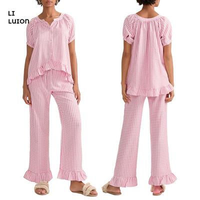Womens 2 Piece Pajama Set Short Sleeve Plaid Print Button Up