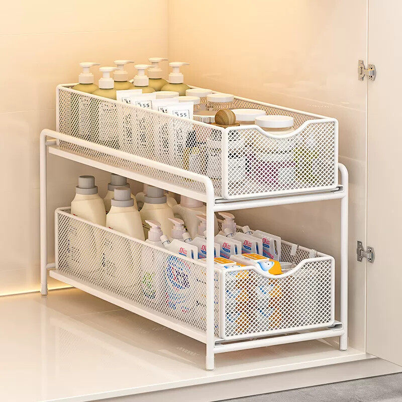 浴室置物架抽拉式下水槽洗漱台收纳柜双层化妆品储物筐分层架拉篮