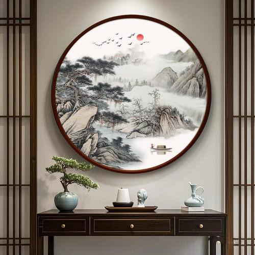 圆形装饰画办公室靠山挂画新中式茶室山水风景客厅玄关背景墙壁画