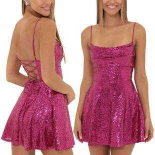 Women Shiny Sequins Dress Summer Backless ALine Mini Party