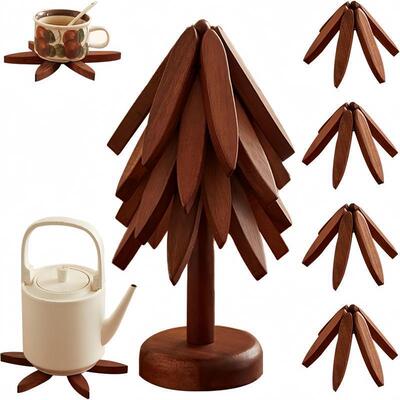 4PCS Foldable Wooden Trivets Christmas Tree Hot Pot Holders