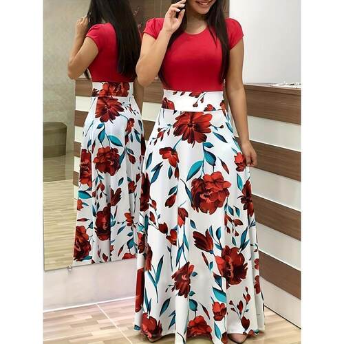 Floral Print Splicing Dress Elegant Crew Neck Short Sleeve