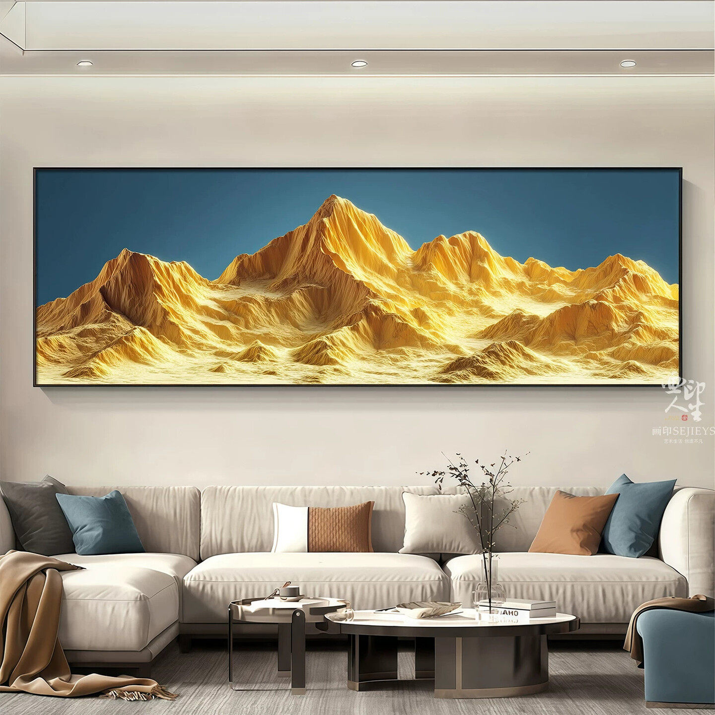 现代简约日照金山装饰画客厅沙发背景墙LED灯带立体挂画