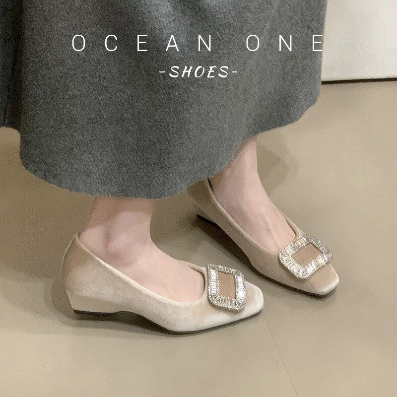 夏娃的新鞋羊皮版~方头水钻高跟鞋女鞋冬高级感黑色单