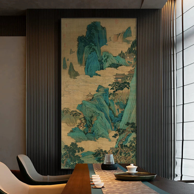 听琴图新中式玄关装饰画中古风客厅山水挂画酒店茶室竖版壁画带框