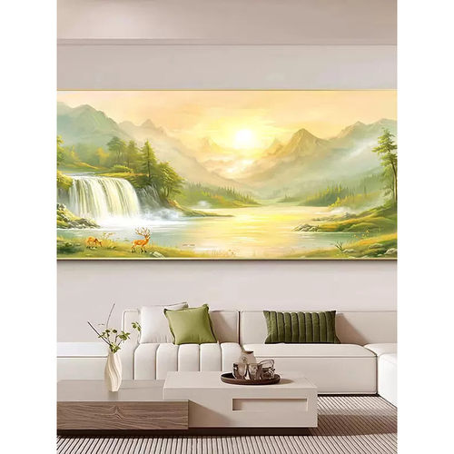 日照金山客厅装饰画山水画靠山图沙发背景墙西墙壁画聚宝盆挂画
