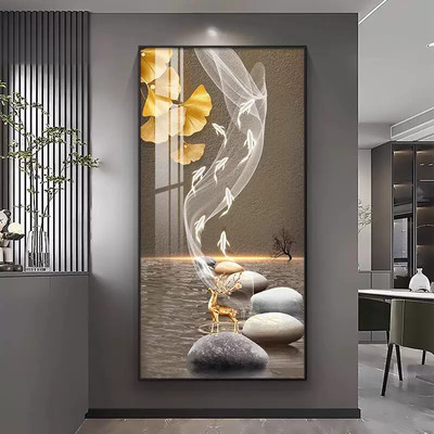 轻奢入户玄关装饰画进门客厅走廊过道挂画新款大气麋鹿竖版墙壁画