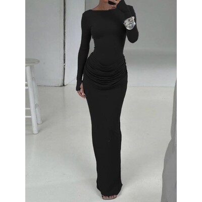 Womens Elegant HighWaisted Ruched Dress SlimFitting Long
