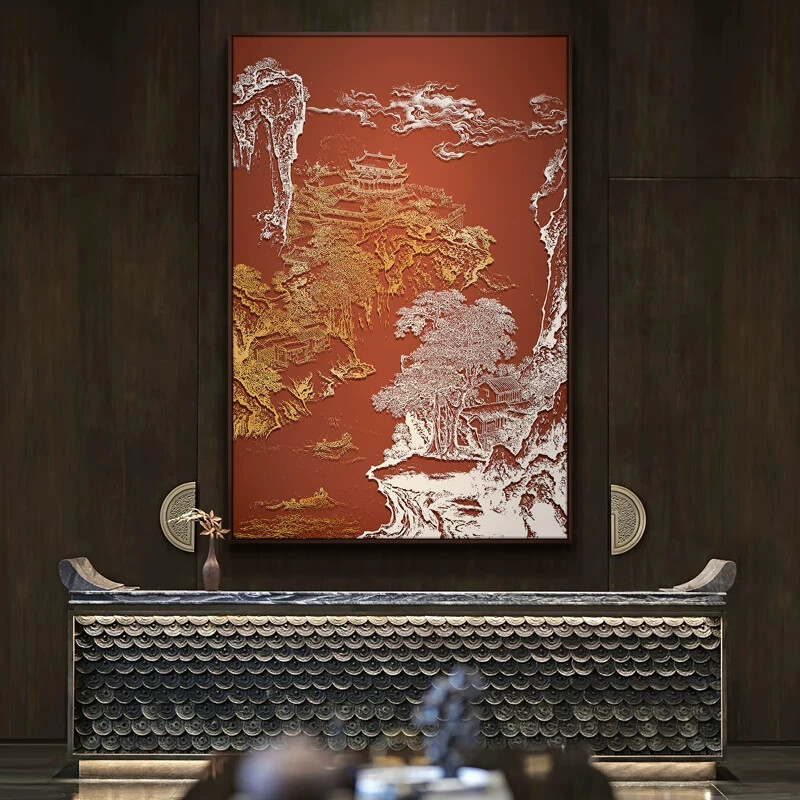 新中式玄关客厅浮雕肌理立体挂画餐厅走廊装饰画楼梯间竖版壁画