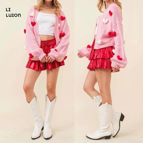 Women Holiday Heart Printbowknot Sweater Long Sleeve V Neck