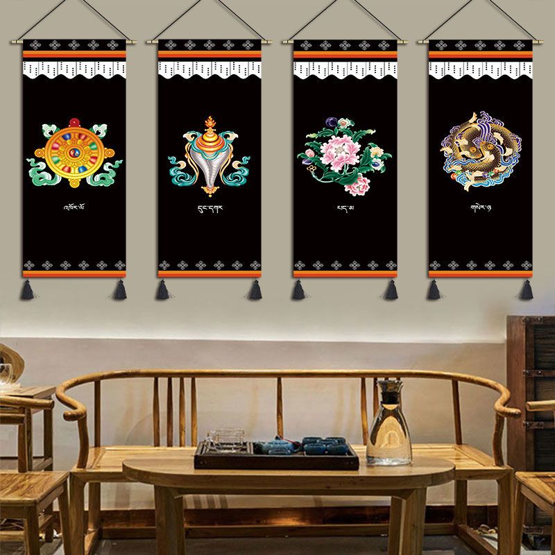 西藏八吉祥挂毯少数民族藏纹挂画卧室客厅装饰画民宿床头背景壁画