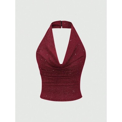 Womens Halter Top Sparkle Glitter Shimmer Ruched Blouse
