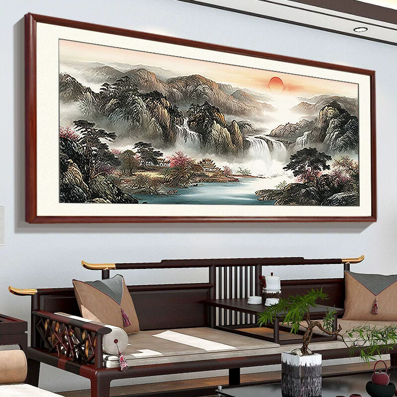 流水生财画靠山图山水画办公室装饰画沙发客厅背景墙大气挂画国画