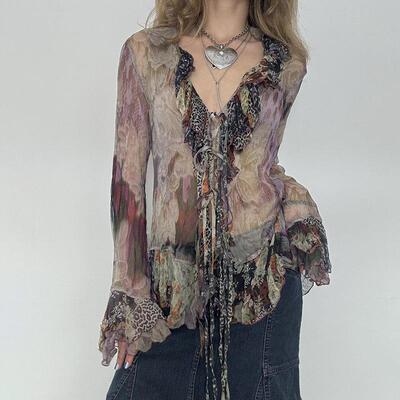 Bohemian Chic Y2KInspired Floral TieDye Mesh Blouse with