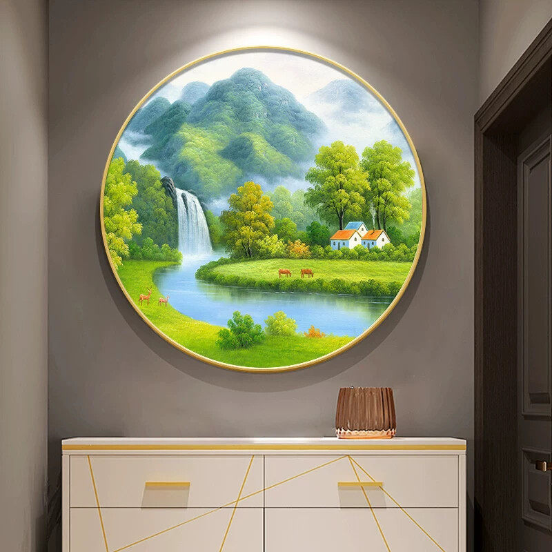 聚宝盆圆形入户玄关装饰画餐厅风景山水画挂画走廊过道新中式壁画