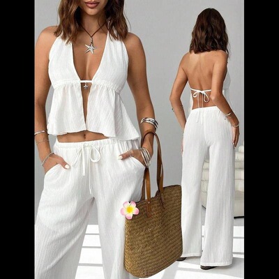 2 Pieces Outfits Tie Up Halter Neck Backless Tank And Wide