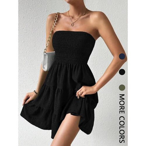 Womens Solid Shirred Ruffle Hem Tube Dress Fashion Casual