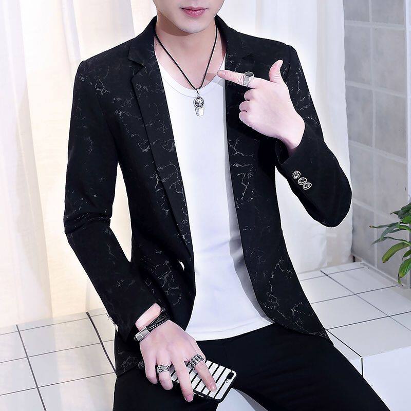 新款大码男士休闲暗花纹西服韩版发型师小西装修身秋季西服男外套