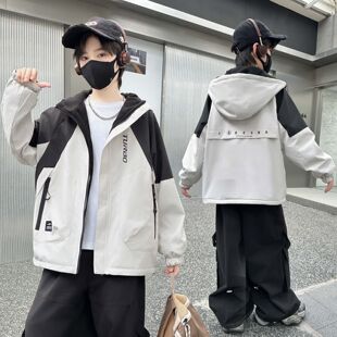 男童秋冬装两面穿加绒带帽外套中大童男孩春秋休闲双面穿夹克风衣