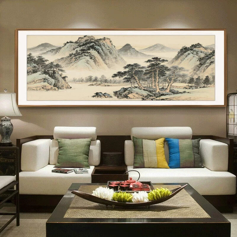新中式客厅沙发背景墙山水风景挂画高级感茶室壁画中国风水墨装饰
