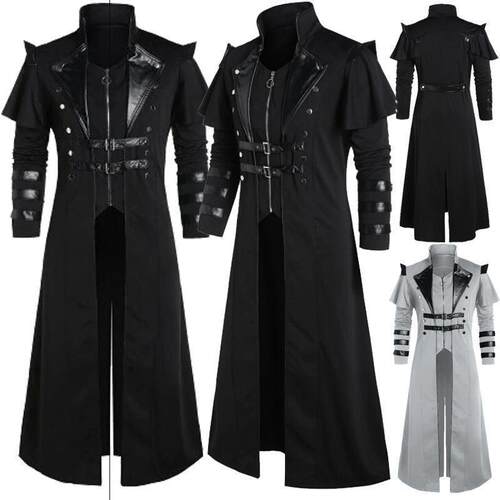 Mens Medieval Renaissance Punk Retro Long Slit Leather Coat