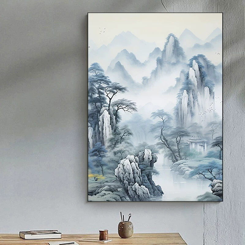 新中式蓝色山水高山流水挂画客厅装饰画山水风景玄关过道走廊壁画