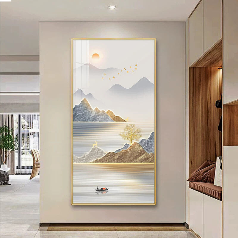 现代简约玄关山水挂画 烤瓷晶瓷客厅装饰画 金属边框过道挂画