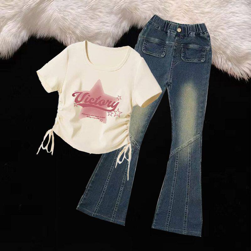 夏季女童套装2024新款两件套中大童韩版微喇叭牛仔裤夏装短袖套装