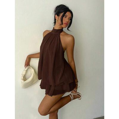 Womens Elegant Brown Halter Tie Mini DressElegant Dresses