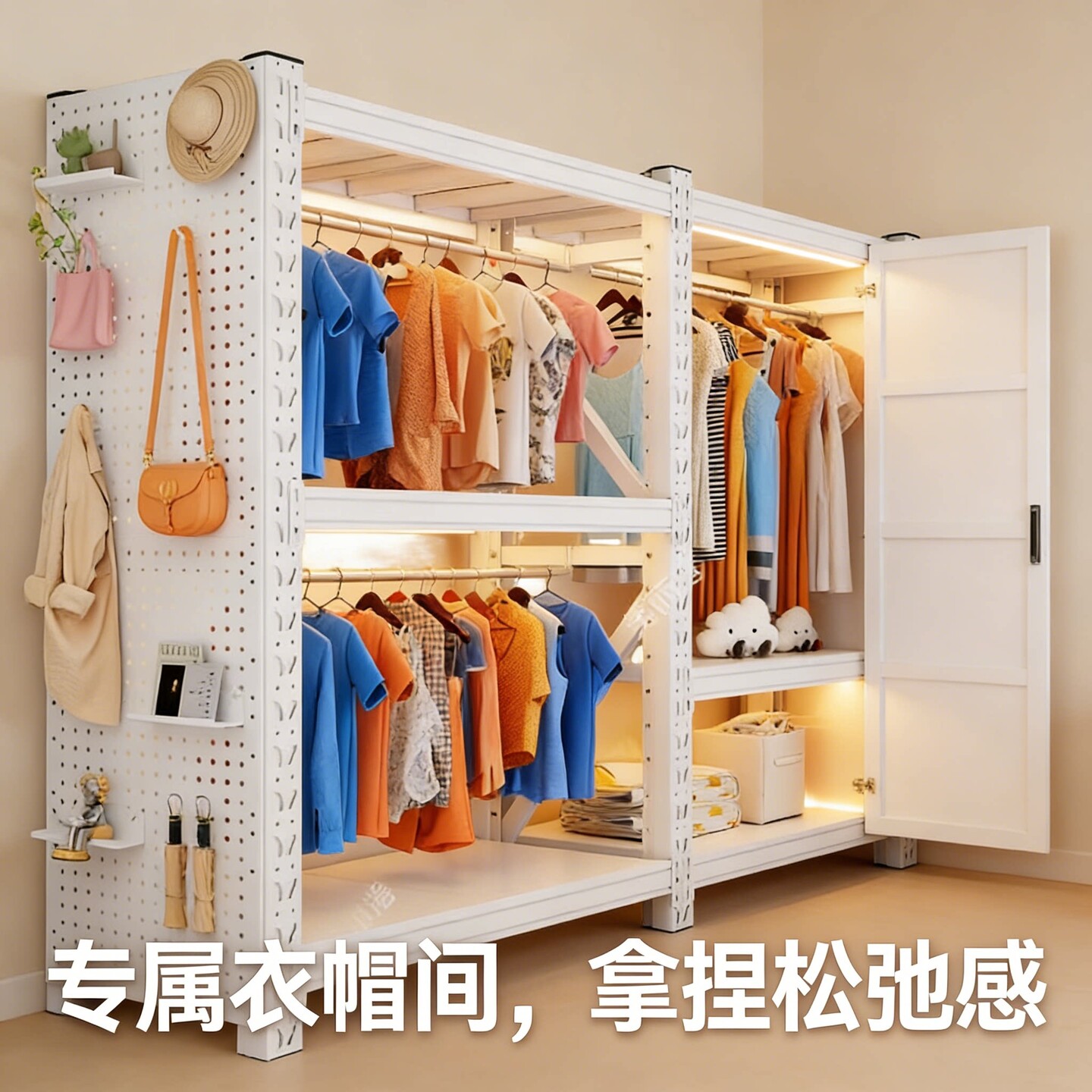 开放式金属衣柜家用卧室落地组合挂衣架带洞洞板转角衣柜衣橱